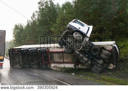 Chelyabinsk Region, Russia - August 7, 2020: Semi-trailer Truck Man Tgs Crashed At The Interurban Fr
