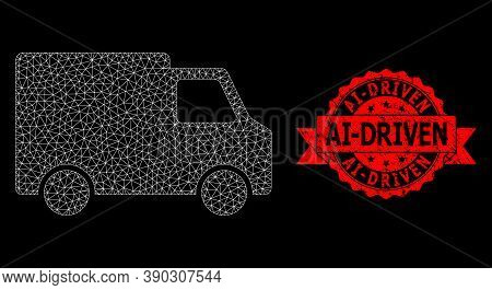 Mesh Polygonal Van Car On A Black Background, And Ai-driven Grunge Ribbon Stamp. Red Seal Contains A
