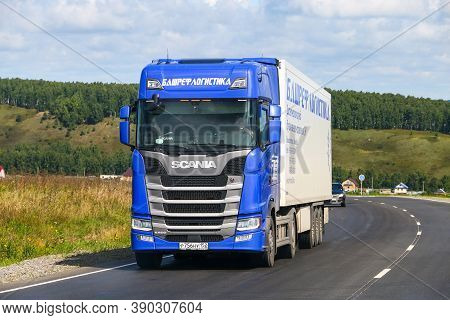 Bashkortostan, Russia - August 26, 2020: Semi-trailer Truck Scania S500 At The Interurban Road.
