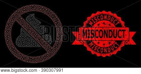 Mesh Polygonal Forbidden Shit On A Black Background, And Misconduct Grunge Ribbon Stamp. Red Stamp S