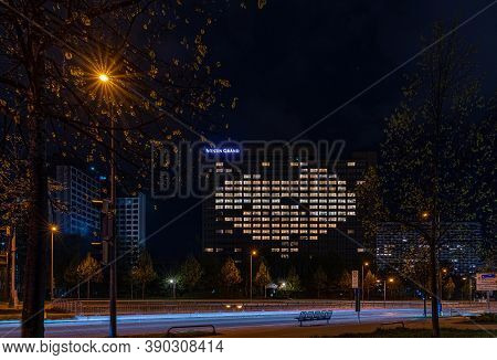 Heart Shaped Illuminated Windows Of The Grand Westin Hotel In Munich. Germany At The 14th April 2020