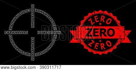 Mesh Web Target On A Black Background, And Zero Dirty Ribbon Stamp Seal. Red Stamp Seal Has Zero Tit