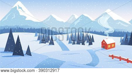 Winter Mountain Landscape With Forest And Lonely House By The Road With Falling Snow. Hermitage, Asc