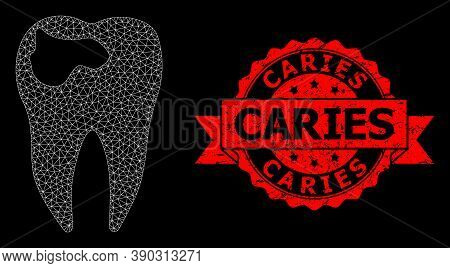 Mesh Polygonal Tooth Caries On A Black Background, And Caries Scratched Ribbon Seal Imitation. Red S
