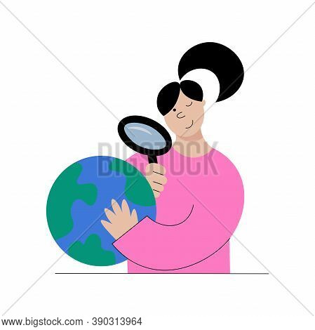 Global Search Concept. Vector Illustration Of A Girl Looking Through Magnifying Glass On The Globe D
