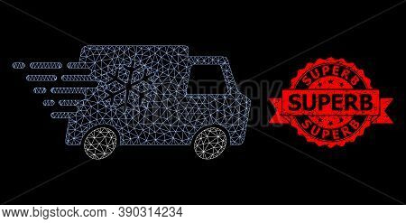 Mesh Net Refrigerator Car On A Black Background, And Superb Scratched Ribbon Seal. Red Stamp Seal Ha