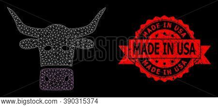 Mesh Polygonal Livestock Head On A Black Background, And Made In Usa Textured Ribbon Seal Print. Red