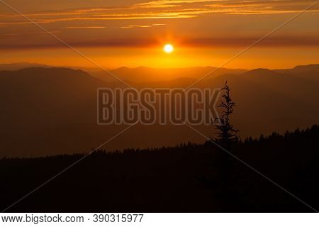 Thick Layers Of Smoke From A Nearby Forest Fire Turn The Suns Rays A Glowing Orange As It Sets Over 