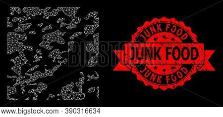 Mesh Network Destructed On A Black Background, And Junk Food Scratched Ribbon Stamp Seal. Red Stamp 