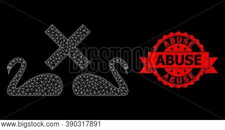 Mesh Web Divorce Swans On A Black Background, And Abuse Grunge Ribbon Watermark. Red Stamp Includes 