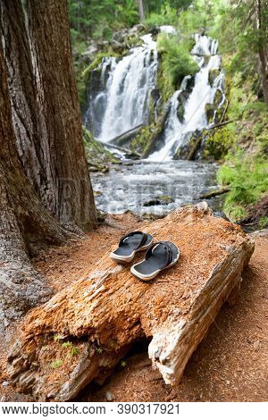 Black And White Flip-flops Laying On A Decomposing Log Next To National Creek Falls In The Rogue Riv