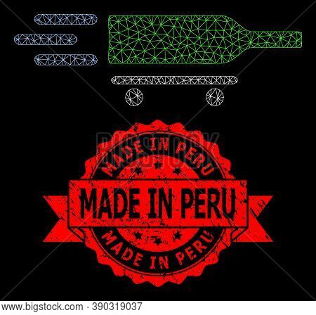 Mesh Network Rolling Wine Delivery On A Black Background, And Made In Peru Unclean Ribbon Stamp. Red