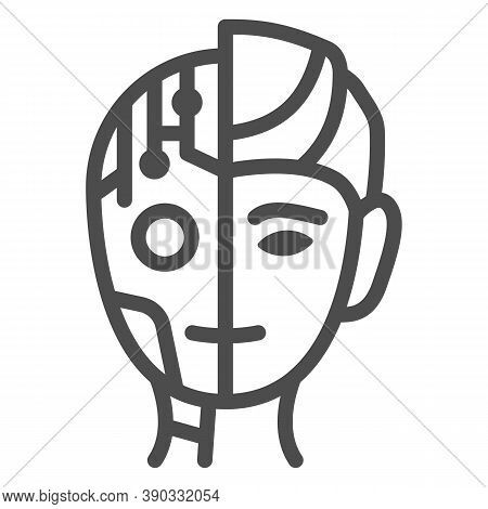 Robot Man Line Icon, Robotization Concept, Neuro Interface Sign On White Background, Digital Bionic 