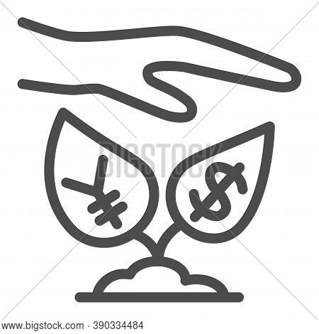 Yen And Dollar Growth Control Line Icon, Economic Sanctions Concept, Protective Hand With Currency P