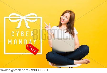 Asian Happy Beautiful Young Woman Smiling Sitting Crossed Legs On Chair Use Laptop Computer Point Fi