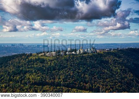 Aerial View Of Burnaby Mountain During A Vibrant Morning. Taken In Greater Vancouver, British Columb