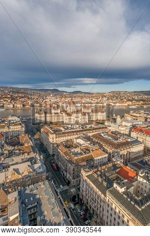 Aerial Drone Shot Of Bathory Street Leading To Hungarian Parliament In Budapest Winter Morning