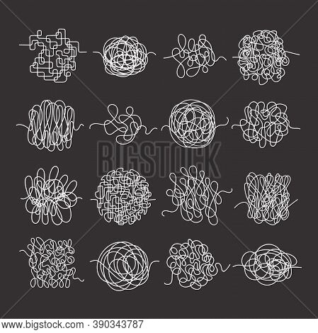 Matted Threads Hand Drawn Set. Swirling Spiral Circles And Squares Messy Chaos Of Lines And Scribble