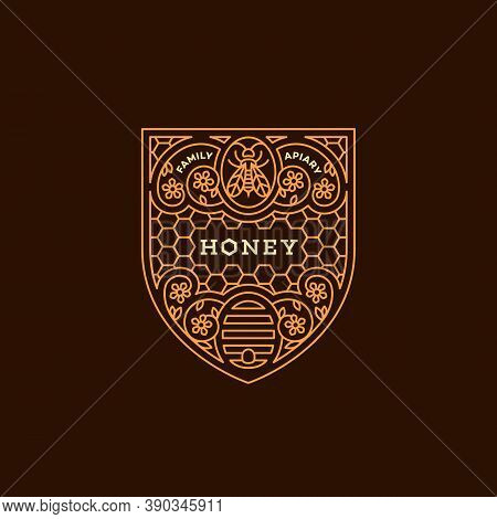 Label Design Tamplate In Trendy Linear Style For Honey Packaging Witn Floral Ornament, Bee And Honey