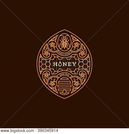 Label Design Tamplate In Trendy Linear Style For Honey Packaging Witn Floral Ornament, Bee And Honey