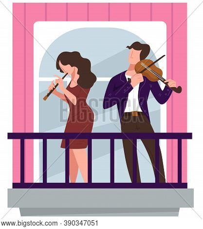 Musicians Playing On Balcony, Violinist And Flutist On Concert