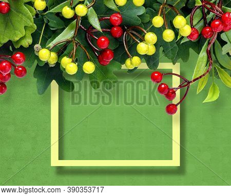 Autumn Oak And Rowan Branches With Red Berries On Green Background.
Creative Paper Trending Backgrou