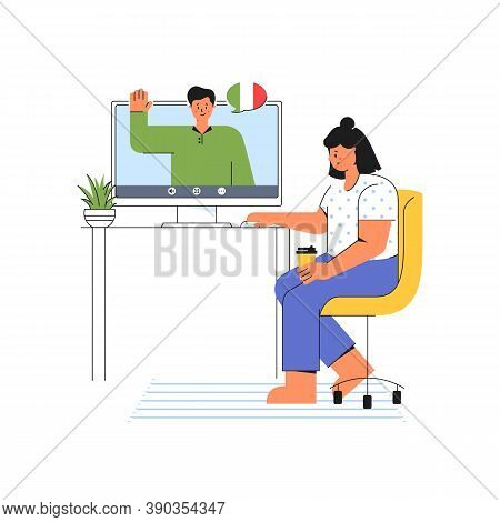 E-learning At Home. Young Woman Listens To The Teacher Of Italian Language. Online Course On The Web
