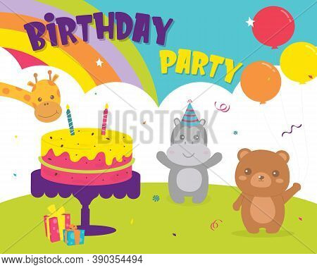 Happy Birthday With Decoration For Greetings Card. Set Birthday Party Bear, Hippopotamus And Giraffe