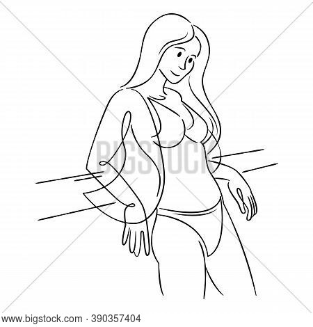 Young Woman With Long Hair In A Bikini. Continuous Single Line.flat Sketch Line Design Style Minimal