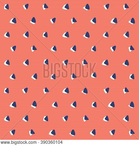 Blue and white scattered triangles on red background. Non-directional seamless abstract pattern.
