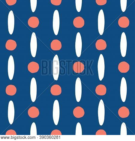 Red circles and white ovals abstract vector pattern. Seamless hand-drawn texture with lines of beads inspired by African art.