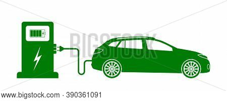 Car Electric Charge. Icon Of Vehicle Charge Station. Green Eco Charger. Symbol Of Nature Energy. Sig