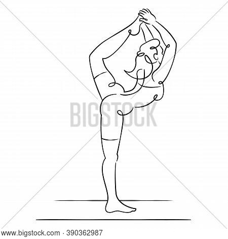 Young Woman In Bodysuit Is Engaged In Practicing Sports Yoga Exercises. Continuous Single Line.flat 
