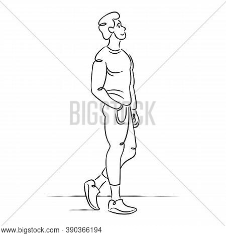 Young Man In Fashionable Clothes. Continuous Single Line.flat Sketch Line Design Style Minimal Artli