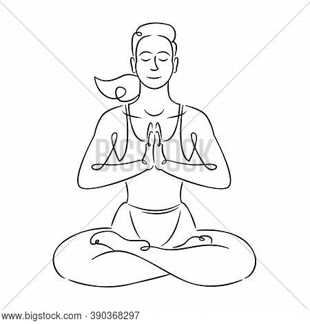 Young Woman In Bodysuit Is Engaged In Practicing Sports Yoga Exercises. Continuous Single Line.flat 