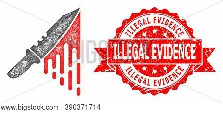 Wire Frame Blood Knife Icon, And Illegal Evidence Rubber Ribbon Watermark. Red Stamp Includes Illega