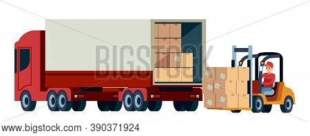 Loader Unloads Cargo From Truck. Delivery Service And Moving Concept. Logistic Transportation Forkli