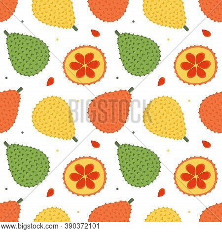 Cute Cartoon Style Vector Seamless Pattern Background With Gac Fruits, Baby Jack Fruit.