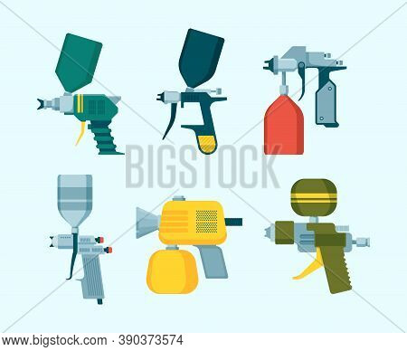 Spray Gun. Painting Equipment Airbrush For Drawing Car Industrial Spray Vector Flat Illustrations Se
