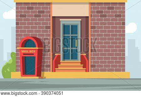 Post Mail Box. Urban Landscape With Mailbox Near House Messages Container Vector Background. Mail Po