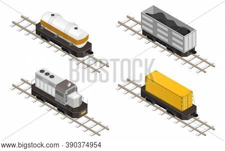 Vector Isometric Illustration Depicting Various Types Of Freight Wagons. 3d Vector Illustration With