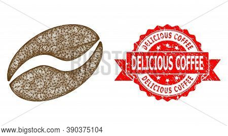 Net Cacao Bean Icon, And Delicious Coffee Textured Ribbon Stamp Seal. Red Stamp Seal Has Delicious C