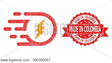 Net Electric Participle Icon, And Made In Colombia Rubber Ribbon Stamp Seal. Red Stamp Seal Has Made