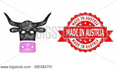 Network Livestock Head Icon, And Made In Austria Unclean Ribbon Seal Print. Red Seal Contains Made I