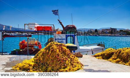 Sitia, Greece - August 12, 2020 - Typical Fishing Ship In The Port Of Sitia On The Island Of Crete, 