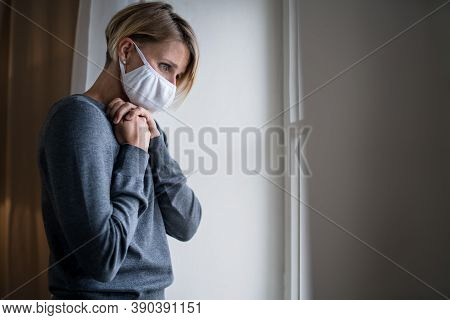 Woman Indoors At Home Feeling Stressed, Mental Health And Coronavirus Concept.