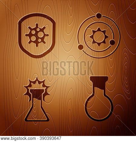 Set Test Tube And Flask, Shield Protecting From Virus, Test Tube And Flask And Solar System On Woode