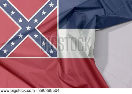 Fabric Flag Of Mississippi. Crease Of Mississippi Flag Background, The States Of America, Blue White