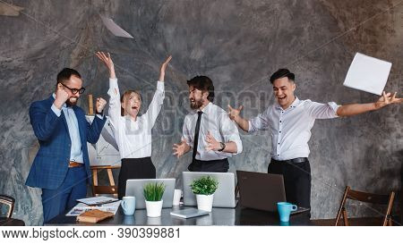 Euphoric Excited Business Team Celebrate Corporate Victory Together In Office, Happy Overjoyed Profe