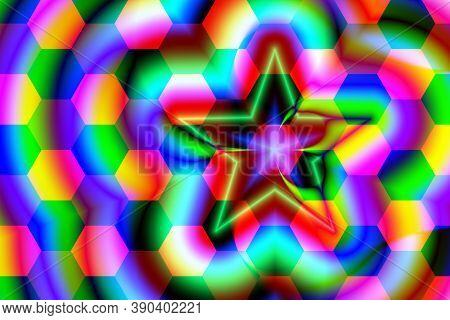 A Rainbow Star In A Hexagonal Structure. Spatial Tridimensional Geometric Fractal Bright Pattern For